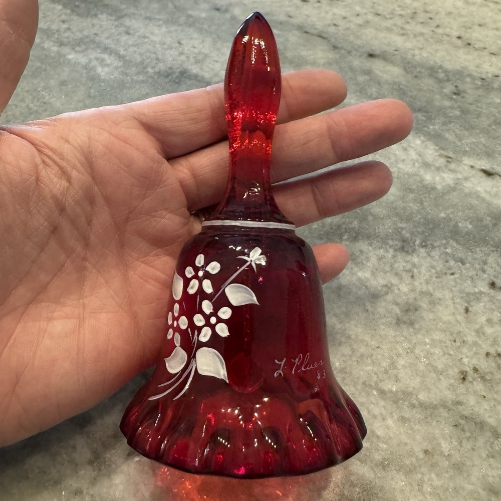 VTG Fenton Ruby Red Art Glass Hand Painted Flower Bell Signed L. Pluer 1983
